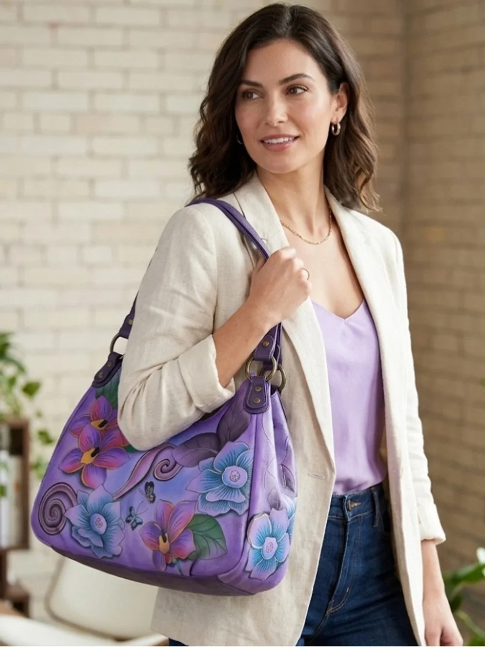 ANUSCHIKA India Purple Leather Floral‎ Triple Compartment Large Satchel Bag